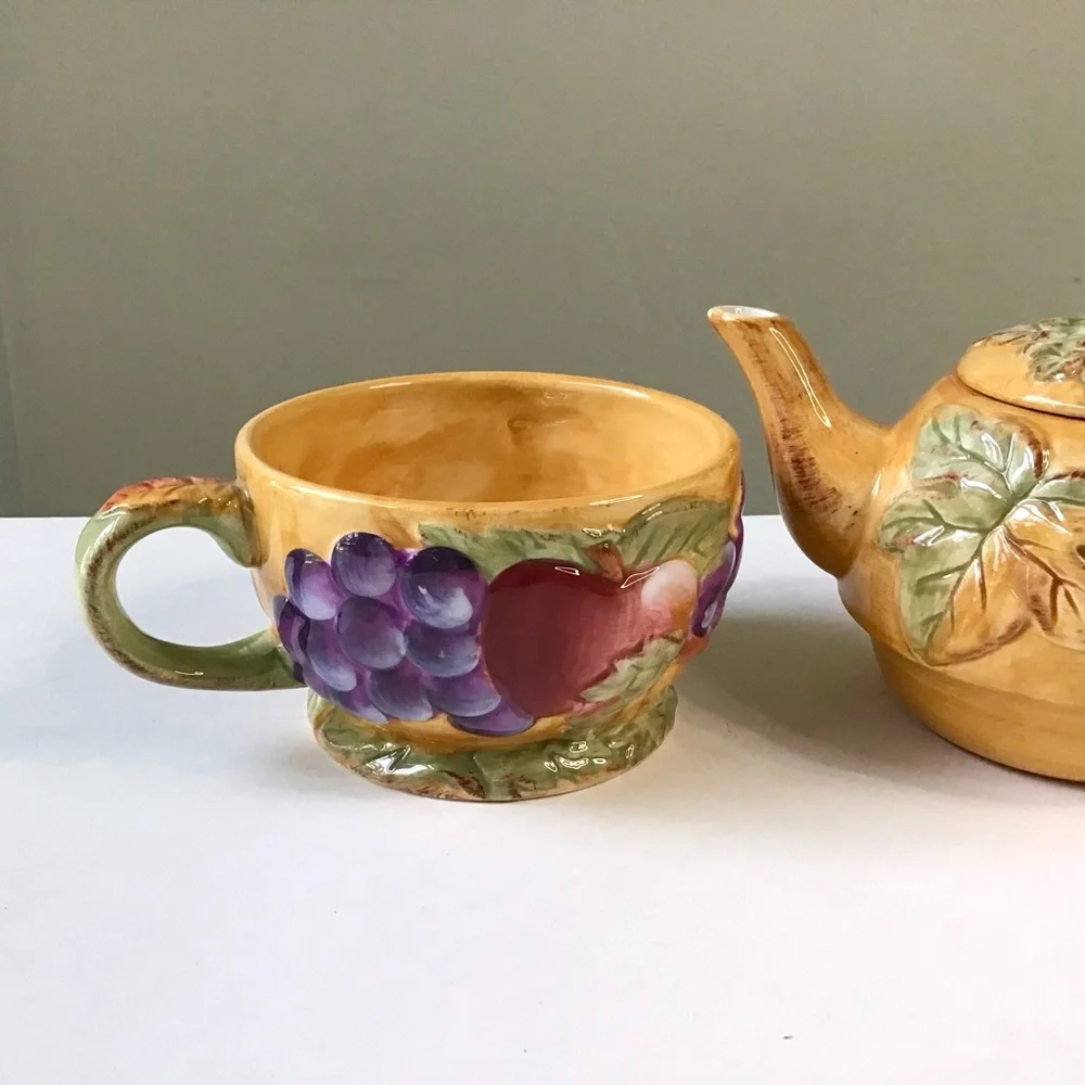 Vintage Gibson Tea For One Stacked Teapot & Cup Set Harvest Pantry Fruit Leaves